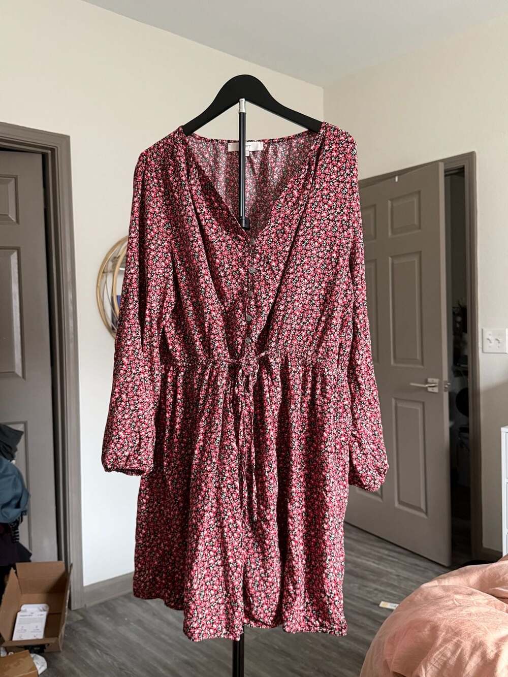 LOFT Floral Shirtdress Size XL Red Black Ditsy Long Sleeve Pocket Dress